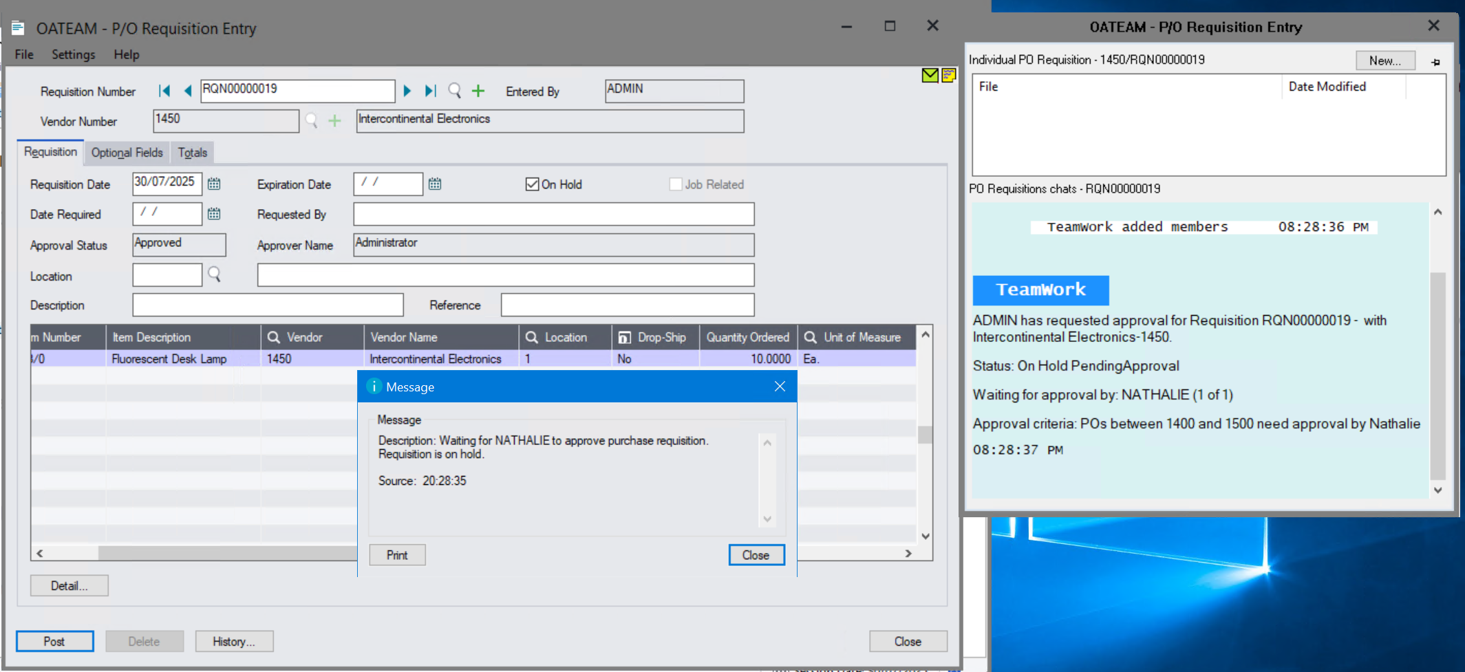 trigerring the purchase requsition workflow on sage 300 screens